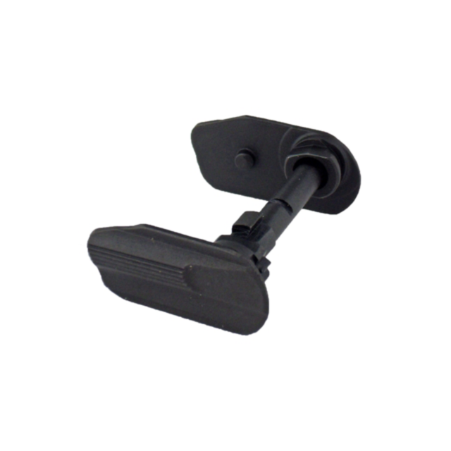 The SAFETY SET SP-01 SHADOW FLAT LEFT AND FLAT RIGHT consists of a black hardware component with two flat ends featuring rounded edges, linked by a central rod. The ends have textured surfaces, and the rod has an adjustable nut, suggesting its use in mech