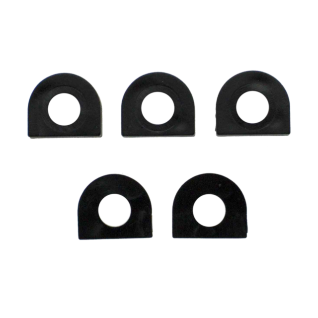 Five black, semi-circular rubber gaskets with central holes, part of the RECOIL BUFFER SET CZUB, are neatly arranged in two rows on a plain white background.