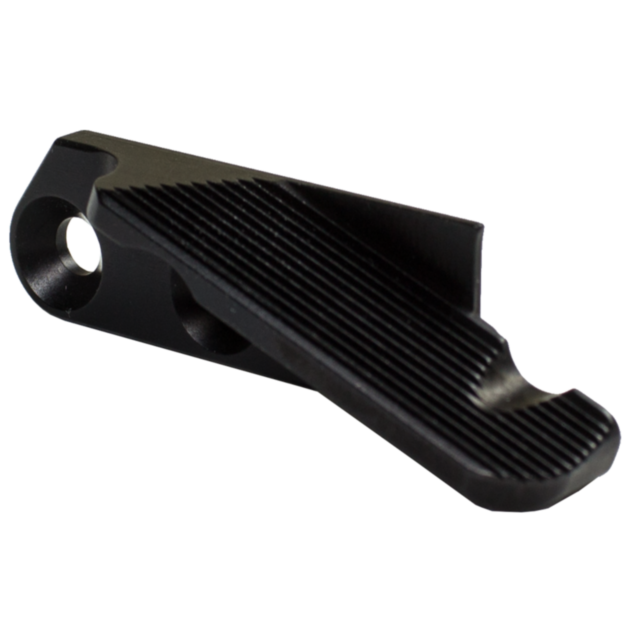 Introducing the THUMBREST TS ORANGE ANGLE 2: a textured, ergonomic lever featuring angled ridges and a thumbrest, with a hole on one end. This modern design element is likely intended as a component for machinery or equipment.