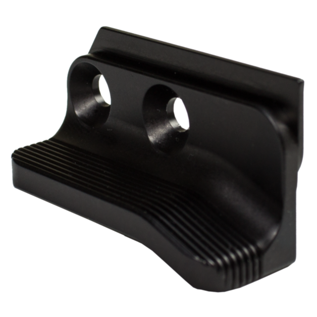 The THUMBREST TS ORANGE ANGLE 3 is a black metal bracket designed with two circular holes and a ridged base, likely intended for support or use as a thumbrest. It boasts a textured finish along with an angular profile, enhancing its functionality and addi