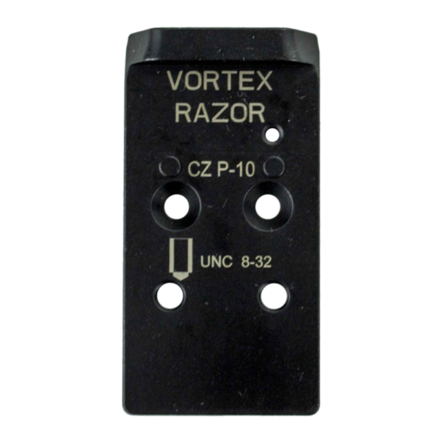 A sleek black metal optic ready plate from CZUB, named the "CZUB Optic Ready Plate 2 RTS Razor," showcases "VORTEX RAZOR" at the top and "CZ P-10" in the middle. It features five precision-drilled holes with "UNC 8-32" at the bottom, marking it as a mount
