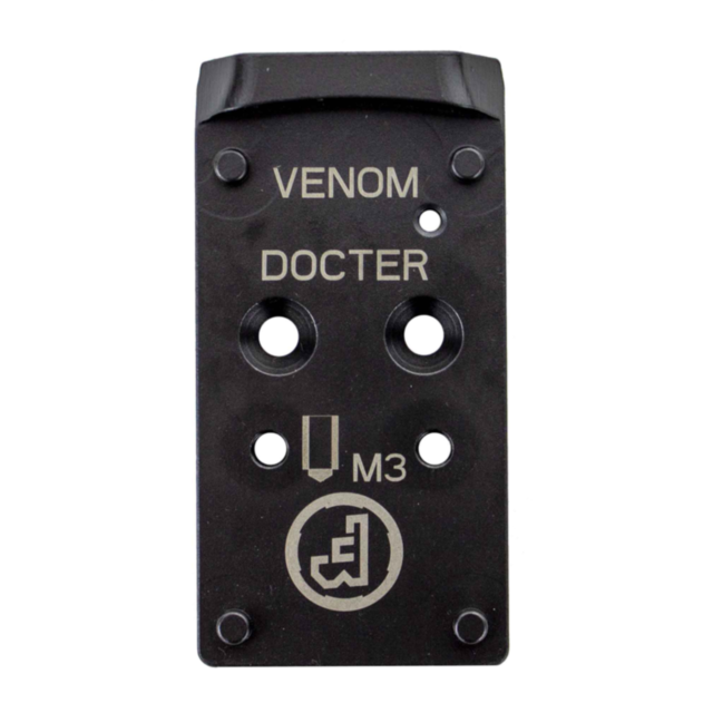 The CZUB Optic Ready Plate 3 Doctor M3 Thread is a black mounting plate with "VENOM" and "DOCTER" printed on it. It features four holes and symbols indicating screw sizes, including M3 threaded screws, ensuring a perfect fit for your MRDS installation nee