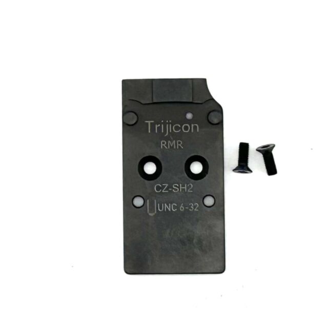 A sleek black CZUB Optic Ready Plate for the Shadow 2 series, designed for RMR Holosun optics, model number CZ-SH2, is displayed with its UNC 6-32 text and two small screws on a pristine white background. Perfect for precision needs.