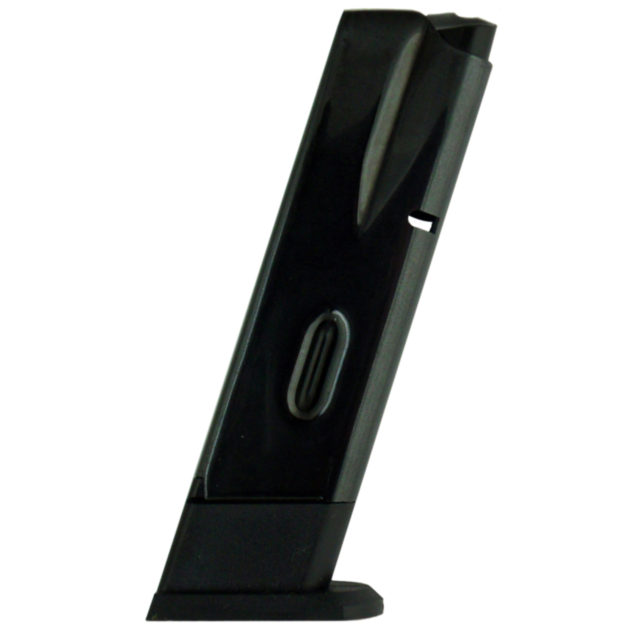 The MAG CZ 75/85 9MM 10 RD magazine in black is displayed upright against a white background, highlighting its side details and flat base crafted for 9mm rounds.