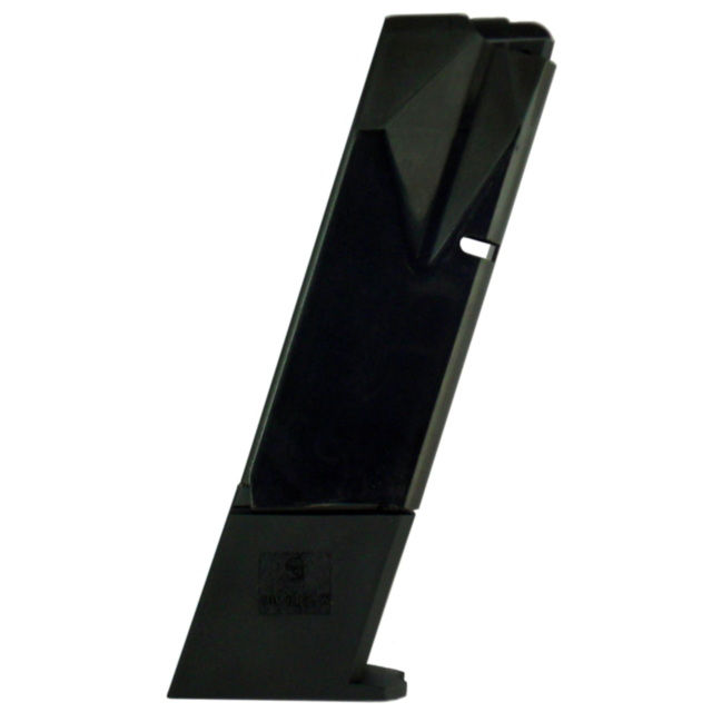 A black, angular MAG CZ 75 TS/IPSC .40 S&W 10RD magazine designed for a firearm is standing upright against a white background. This solid magazine, with its slightly tapered shape, is ideal for IPSC competitions.