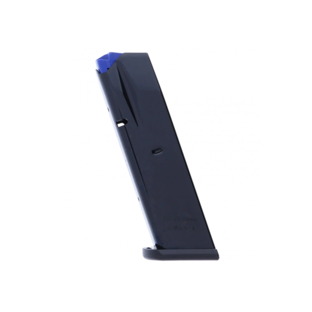 A CZ MAG 75 85 9MM 10RD, featuring a black finish and a blue follower, is displayed vertically against a plain white background.