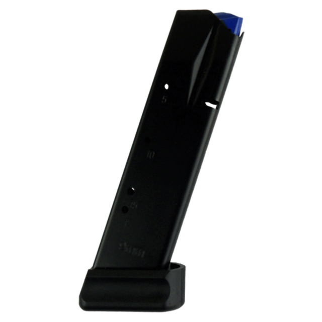 Image of a black magazine for the CZ 75 SP-01/Shadow II, with a blue follower, standing upright. This accessory for the 9MM firearm features visible round count indicator holes on the side, combining functionality and style effortlessly.