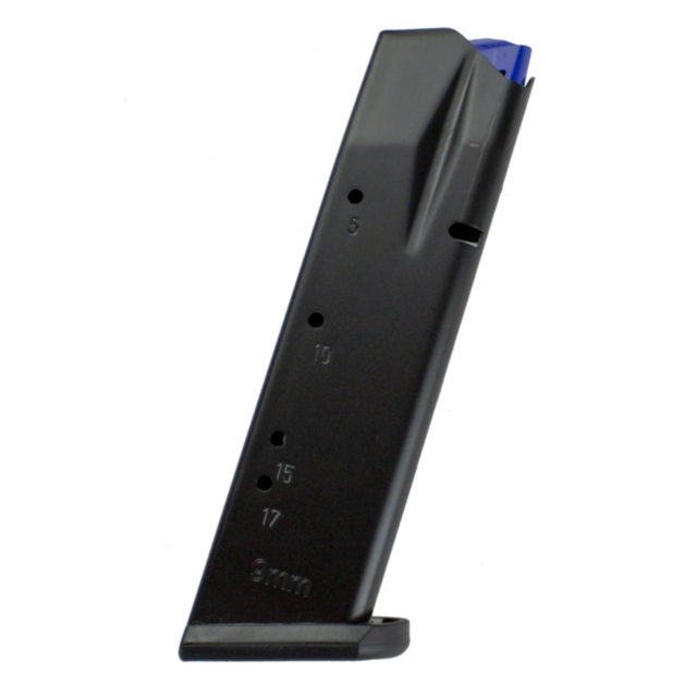 Image of the MAG CZ 75 SP-01/SHADOW II 9MM 17RD BLACK magazine, marked with numbers 5, 10, 15, and 17 to indicate cartridge capacity. It features a blue follower at the top and a flat base plate at the bottom, compatible with both standard CZ 75 SP-01 mod