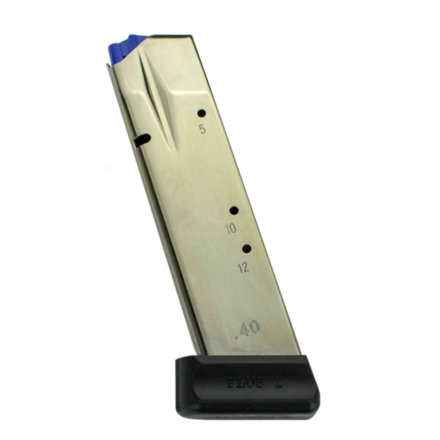 A nickel gun magazine designed for a CZ 75 SP-01/SHADOW II, featuring a black base engraved with numbers 5, 10, and 12 along with a ".40" marking. The base is inscribed "PLUS 2," while the blue follower from the top provides an eye-catching contrast. Perf