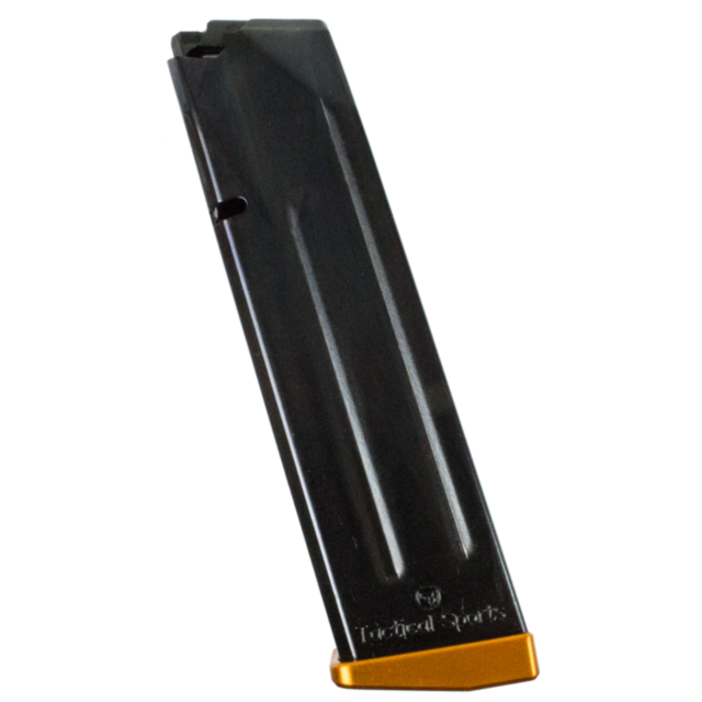 The MAG CZ 75 TS ORANGE 9MM, 20RD is presented upright against a white background, highlighting its black exterior with sleek grooves and a unique orange baseplate.