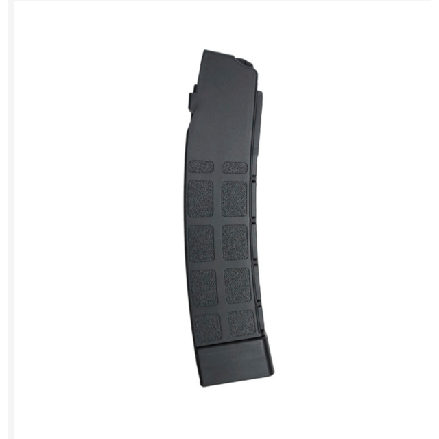A CZUSA MAG SCORP 3P 9MM 30RD BLK with a curved shape and textured grip panels on the sides.