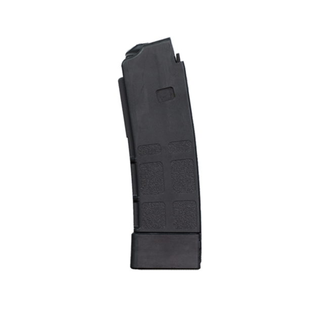 The product is a CZUSA MAG SCORP 3P 9MM 20RD BLK, a black rifle magazine with a curved design. It features textured grip areas and has a rectangular indented section near the top. The magazine is displayed upright against a white background.