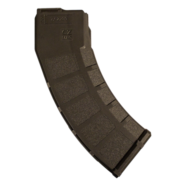 A black, windowed magazine with a curved design and textured grip sections, featuring the embossed text "CZ MAG 7.62x39." Specifically designed for the CZ BREN 2, this 30-round magazine is perfect for ammunition caliber 7.62x39mm but is not compatible wit