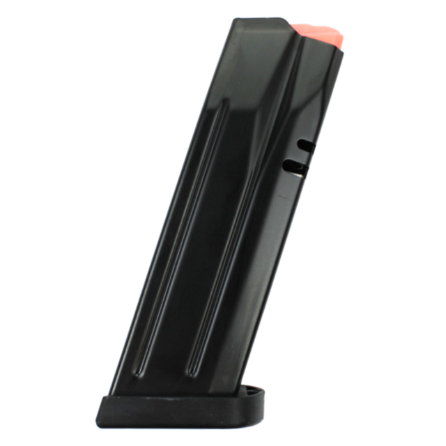 An angled close-up of a black MAG CZ P-10 C Reverse and P-07 9MM 15RD pistol magazine with a pink follower, highlighting its two indicator holes and base plate at the bottom.