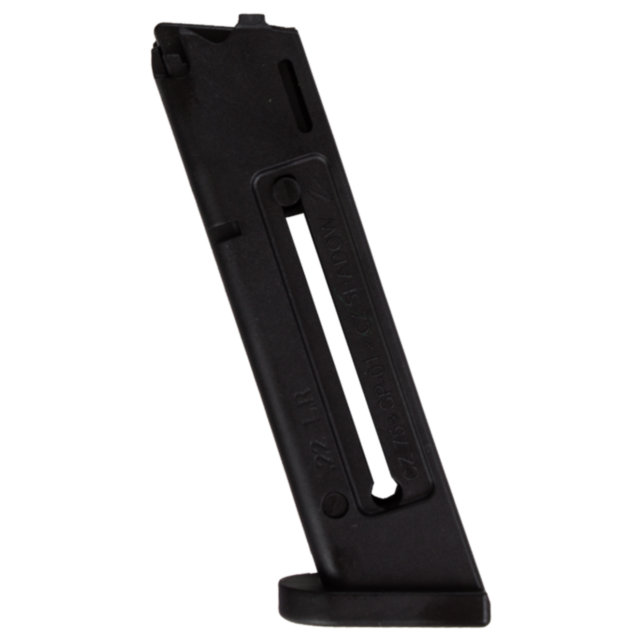 A black metal MAG CZ SP-01 KADET .22LR 10 RD magazine stands upright against a white background. With a capacity of 10 rounds and embossed text on the side, it features a sleek design with a visible vertical slot, ideal for use with the CZ SP-01 KADET.