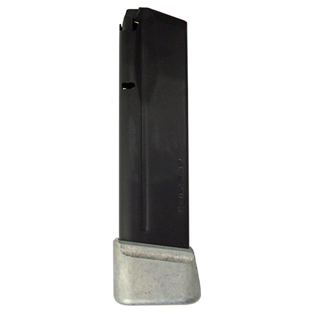 Image of a DW MAYHEM .40 S&W 19 RND MAGAZINE, featuring a black finish and metal baseplate, designed to hold .40 S&W ammunition for a handgun.