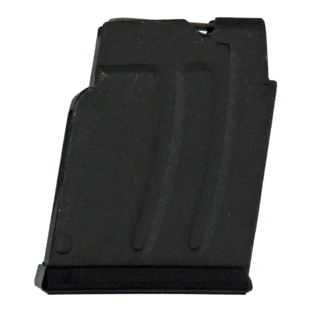 The product is a black metal magazine designed for CZ models 452, 453, 457, and 512. It features a boxy, angular design with a capacity of 5 rounds and steel construction. Displayed against a plain white background, the magazine has a simple yet utilitari