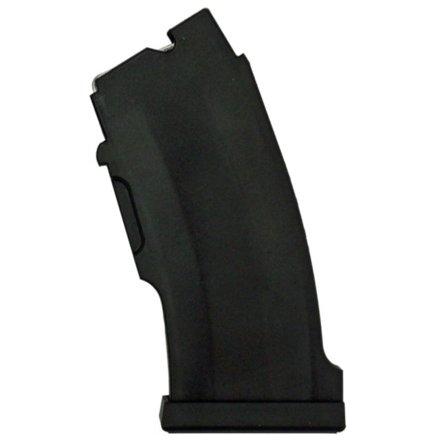 A black curved firearm magazine, known as the MAG CZ 452/453/455/457/512 .22 LR/MACH 2 10 RD POLY, features a smooth surface and a distinct indentation along the side. Its rectangular base is positioned upright against a white background, designed perfect