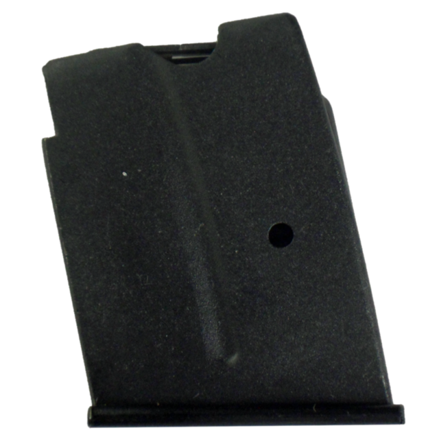 A MAG CZ 452/453 .22WMR 5 RD STEEL black firearm magazine, characterized by its rectangular shape, smooth surface, and a circular hole near the center, is displayed against a plain white background. This magazine is expertly designed to fit the CZ 452 mod