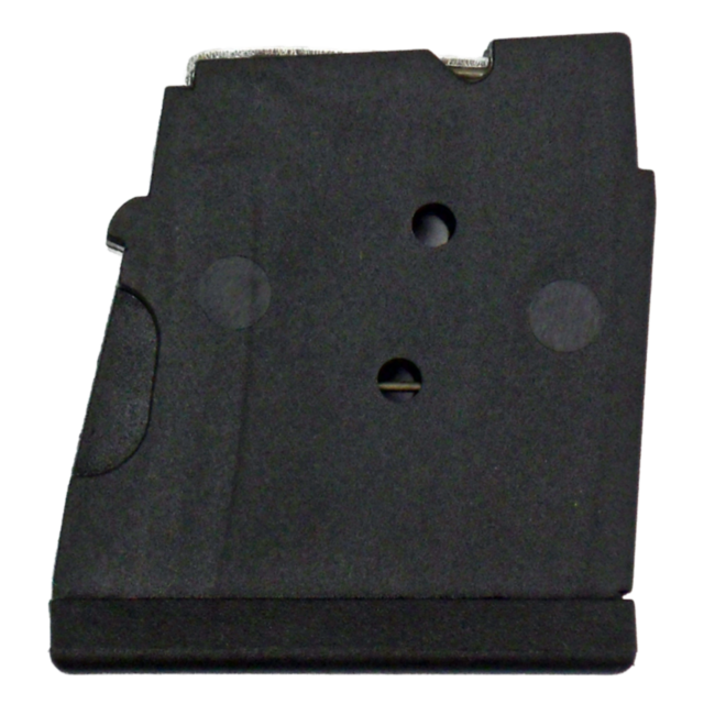 The MAG CZ 455/512/457 22WMR/.17HMR 5RD POLY, a black magazine clip suited for the CZ 455, showcases two visible circular indentations and a groove on the left side, set against a white background.