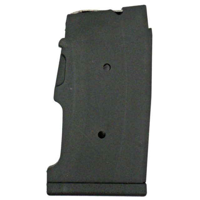 A sleek black rifle magazine, the MAG CZ 457/455/512 22WMR/.17HMR 10 RD POLY, features two visible holes indicating its .22 WMR capacity. The magazine boasts a rectangular shape with subtle contour lines and is displayed against a stark white background.