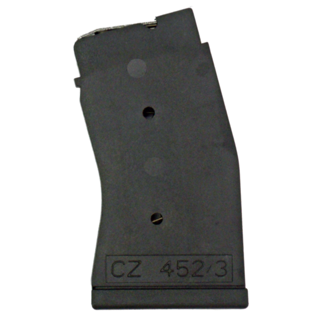 A MAG CZ452/453 22WMR 10RD POLY magazine clip displayed against a white background, showcasing two visible holes and distinct lettering, is perfect for 22WMR rounds.