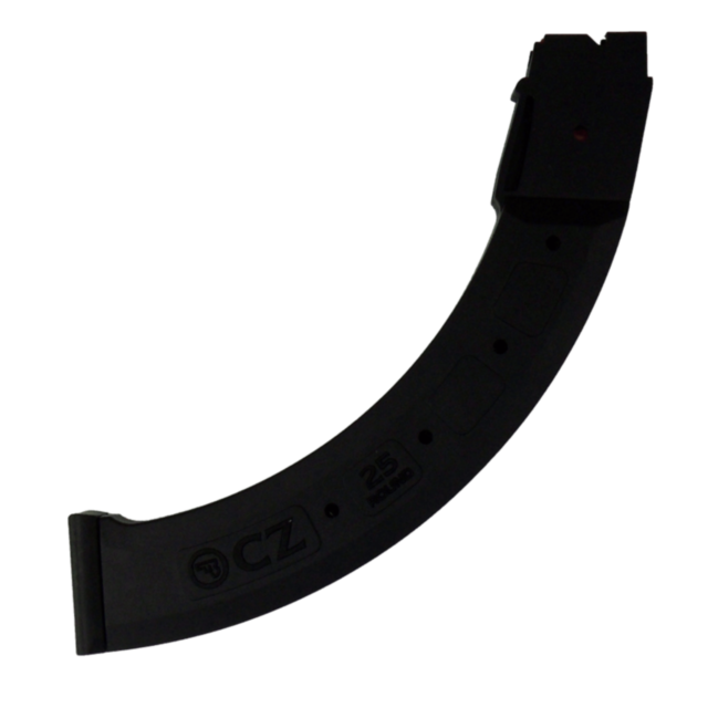 A sleek, curved black magazine clip for a firearm, labeled with "CZ" and ".22LR," crafted from durable polymer. This accessory is designed with precision, embodying the reliability found in models like the CZ 452/53/55/57/512.