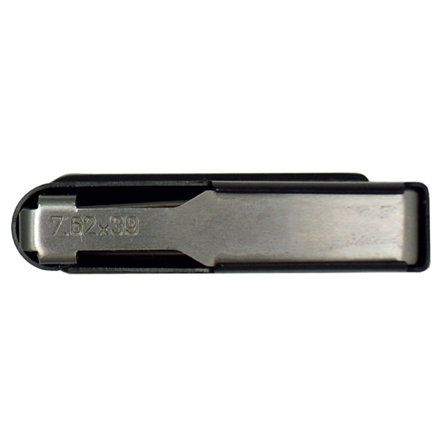A metal MAG CZ 527 gun magazine, specifically marked with the caliber "7.62x39," is depicted from a top-down view, emphasizing its sturdy construction and capacity for 5 rounds.
