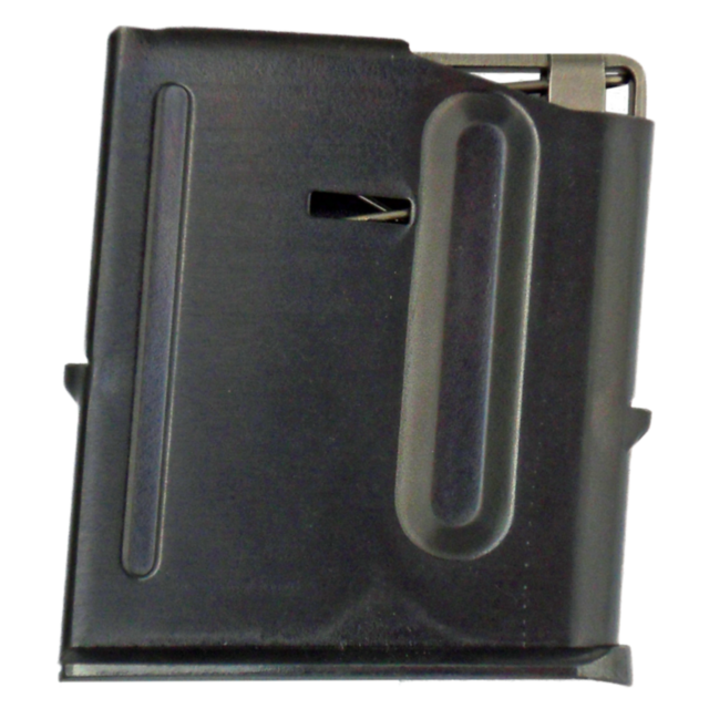 This is a MAG CZ 527 .221 FIREBALL 5 RD black metal rifle magazine with ridged sides, featuring an opening at the top for loading cartridges and accommodating five rounds reliably within its design.
