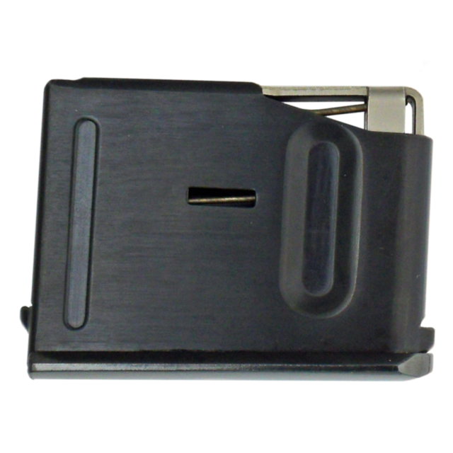 The MAG CZ 527 .223 REM, 3RD FLUSH M1 ONLY is a dark gray metal magazine with a rectangular cutout in the center and an angled base, designed for the CZ 527 firearm. It features smooth flat surfaces and has a visible spring mechanism at the top.