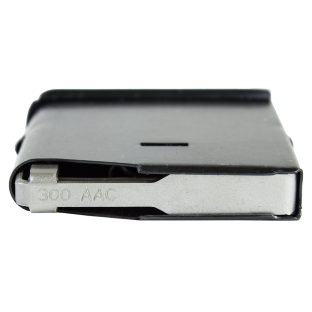 Close-up of a MAG CZ 527 300 BLACKOUT 5 RD metal magazine, compatible with the CZ 527, featuring "300 AAC" engraved on the side. It is positioned horizontally on a white background.