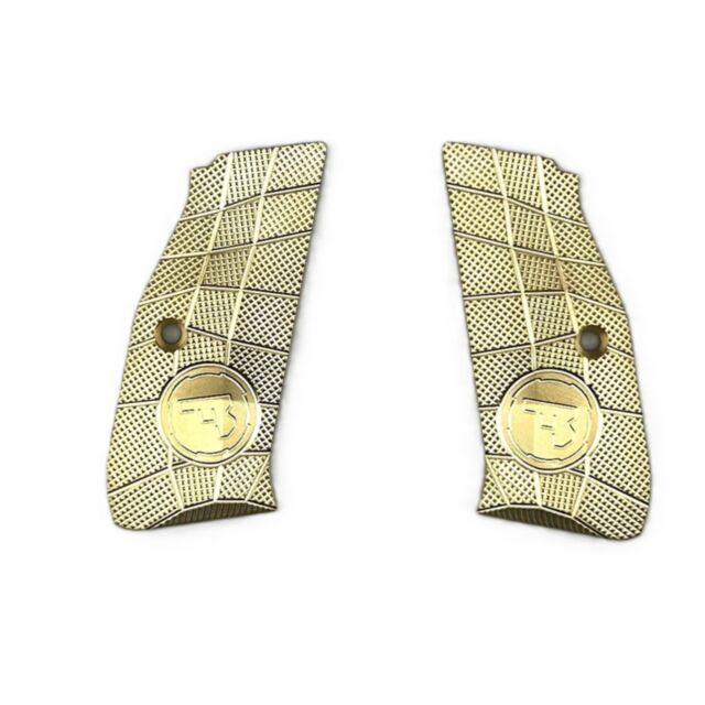 Two raw brass LOK Grips Shadow 2 Palm Swell GridLOK + CZ Logo - Full Length panels display a diagonal grid pattern and central CZ emblem, each with an attachment screw hole, shown on a white background.