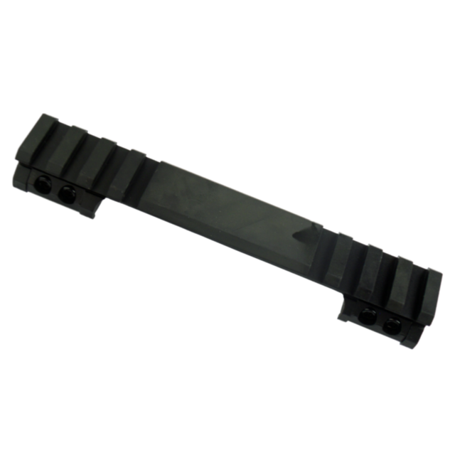 A black metal adapter rail, named the ADAPTER RAIL CZ 550, 19MM DOVETAIL, 20 MOA, features grooved segments and screw holes on each end for attachment to equipment or devices.