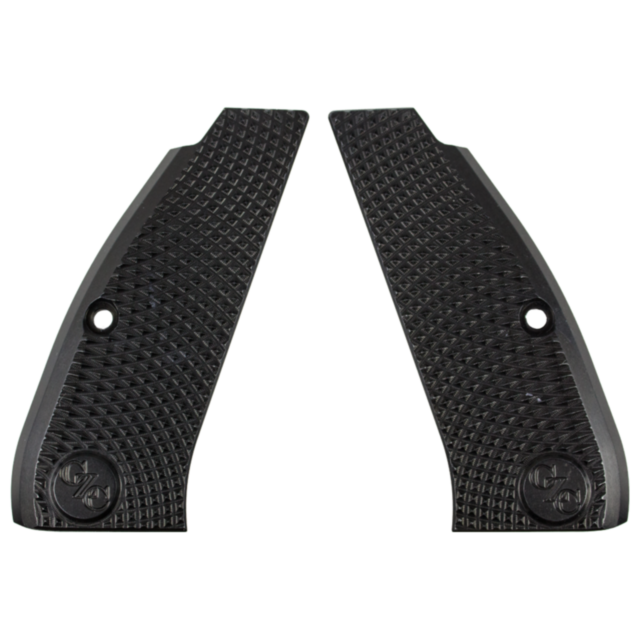 A set of DIAMOND CHECKERED BLACK ALUMINUM GRIPS 75/85/SP-01 for the SP-01, showcasing a unique diamond checkered design and a circular logo at the base, with each panel designed with an attachment hole.