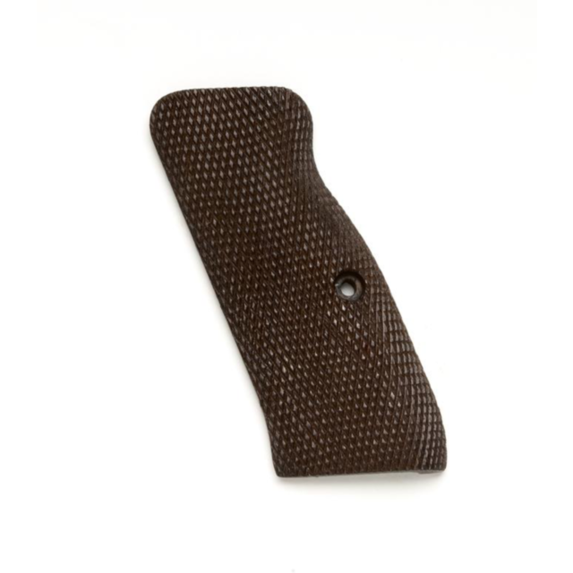 The WALNUT GRIPS CZ 97, with its textured dark brown finish and central hole, is showcased against a plain white background.