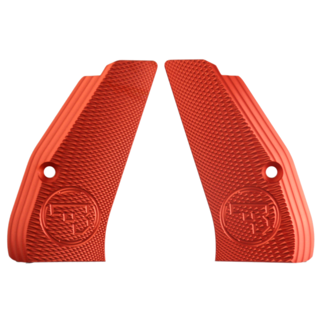 The ALUMINUM GRIPS CHECKERED COMPACT RED CZUB are textured red aluminum grips designed for handguns, each featuring a circular emblem and a screw hole. They have a diamond-shaped pattern to enhance grip, similar to checkered compact designs, and are craft
