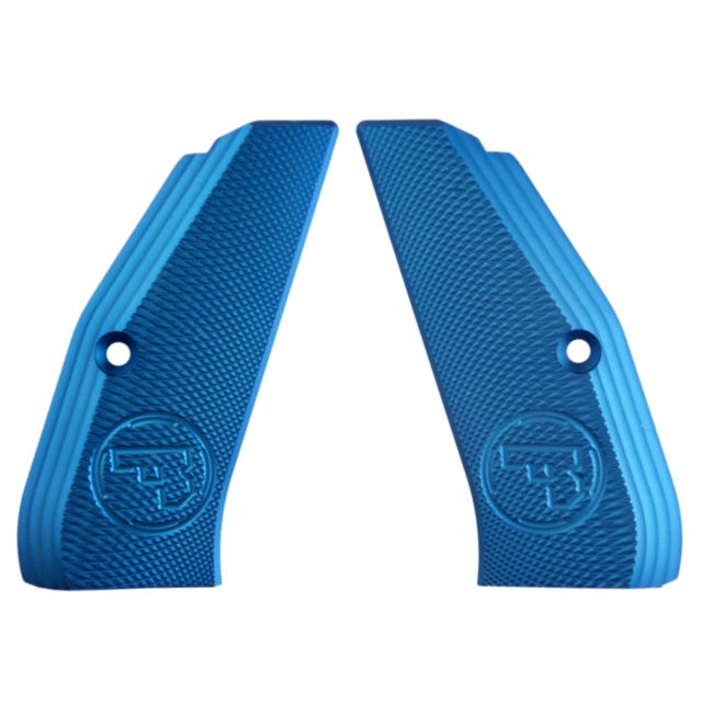 The ALUMINUM GRIPS FULL SIZE LONG BLUE CZUB feature two textured blue grips, crafted from aluminum for full-size models. They are adorned with circular logos at the bottom and compatible with CZUB attachments. Each grip includes a hole for simple installa