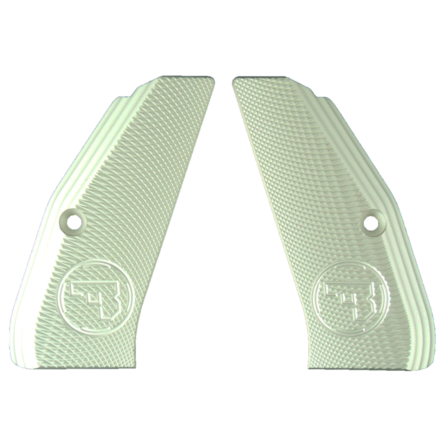 Two ALUMINUM GRIPS FULL SIZE LONG SILVER CZUB slabs, showcasing a textured ivory color with aluminum grips and screws, along with a circular CZUB logo close to the lower end, are symmetrically positioned against a white background.