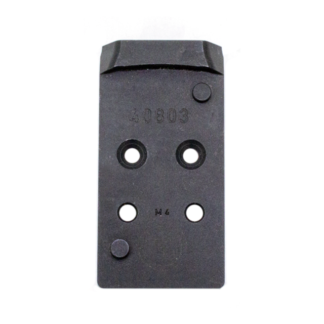 This is a black rectangular metal optic plate adapter, CZ USA P-10 OPTIC PLATE ADAPTER 2 DPP SHIELD, featuring four circular holes in a vertical alignment. It includes numbers and letters such as "40803" and "M4," with a textured surface, visible screws,