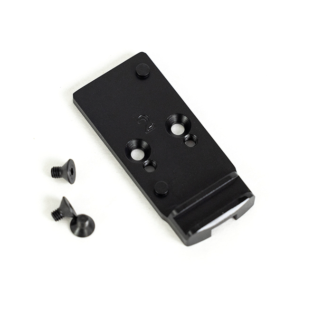 A DW OPTIC PLATE ADAPTER PLATE 2 DPP, RMS in black metal, featuring multiple holes and accompanied by two black screws, set against a white background.