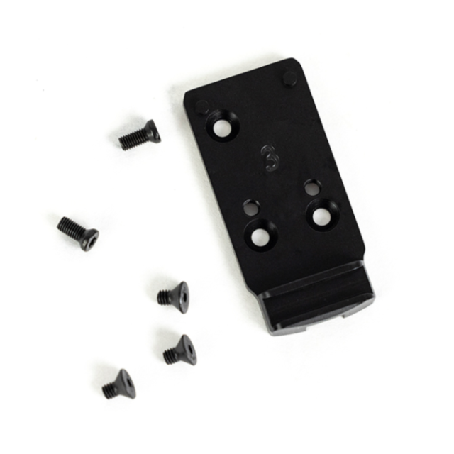 The DW OPTIC PLATE ADAPTER PLATE 3 VIPER, DRS in black is set against a white background, paired with six small black screws neatly arranged beside it. The plate includes multiple circular holes designed for screw attachment.