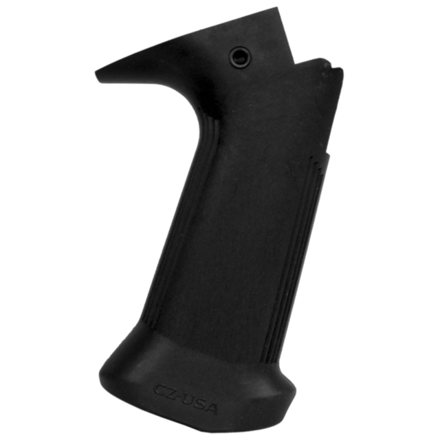 Designed for firearms, the 2016 U.S. MADE SCORPION EVO GRIP is a black polymer vertical foregrip featuring textured sides and a slightly angled ergonomic shape. This product proudly displays the embossed text "CZ-USA" on its base.