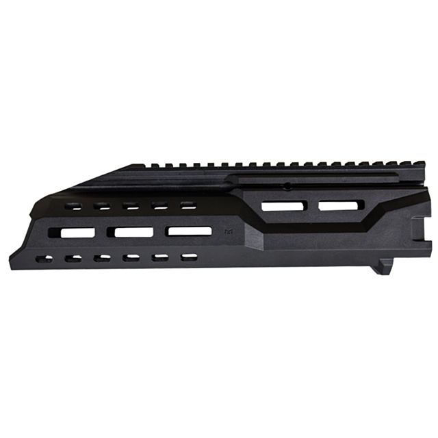 The EVO S1 CARBINE HANDGUARD is a black, angular rifle handguard with multiple rectangular cutouts and a top rail for mounting accessories.