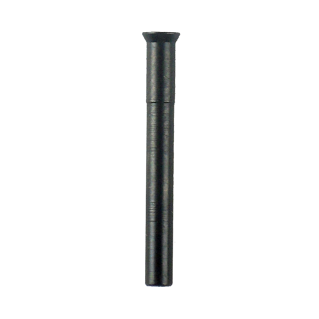 The object is a black, cylindrical TRIGGER PIN NEW STYLE 75/85 with a flared top. It features a smooth surface and uniform thickness, giving it the appearance of being made from metal. The simple and sleek design of the pin is highlighted against the whit