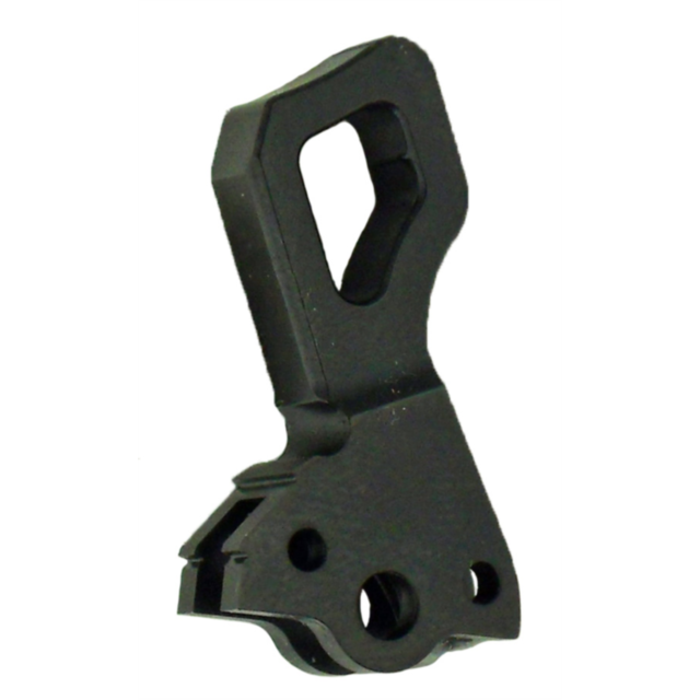 A black metal mechanical component, the COMPETITION HAMMER SA/DA, showcases a geometric design with holes and a cutout section, reflecting the precision typically seen in machinery or devices.