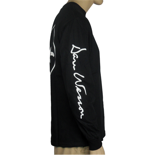 A person wearing a black long-sleeve T-shirt with the "DW" logo stylishly emblazoned in white down the sleeve.