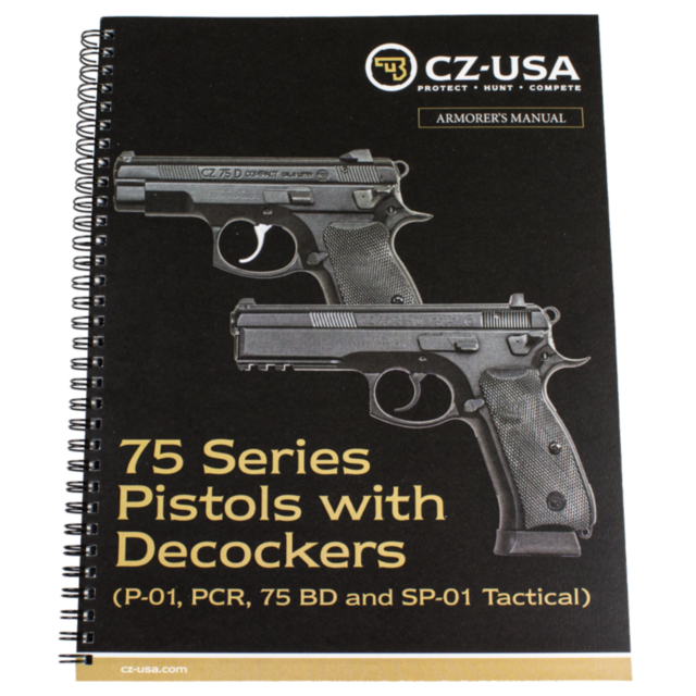 Cover of the "CZ 75 Series Pistols w/ Decocker Armorer's Manual," featuring images of two CZ 75 pistols. The spiral-bound manual is published by CZ-USA.