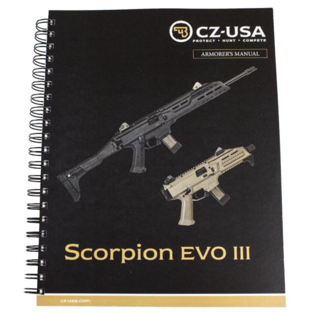 Spiral-bound cover titled "CZ SCORPION EVO Armorer's Manual" showcasing two illustrations of CZ SCORPION EVO III firearms set against a stylish black backdrop.