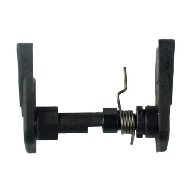 Close-up of a dark-colored, metal mechanical component with a central rod and spring coil. The piece, resembling the CZ P-07/P-09 Decocking Lever Set, features two flanged ends and appears to be part of machinery or an automotive system, isolated on a whi