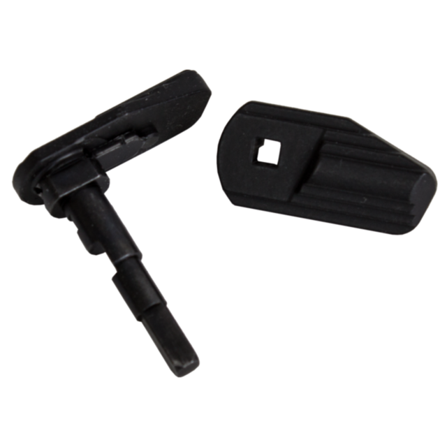 The 75 OMEGA SAFETY LEVER SET includes two black plastic buckles with rectangular holes, featuring one standing upright and the other lying flat. Designed with vertical ridges and a simple, utilitarian style, this set ensures a secure fit for various appl